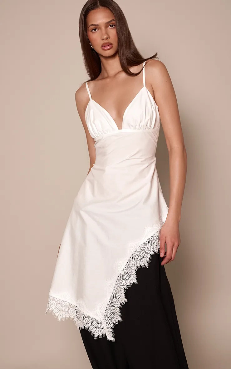 White Striped Lace Trim Asymmetric Longline Cami Top | PrettyLittleThing | PrettyLittleThing UK