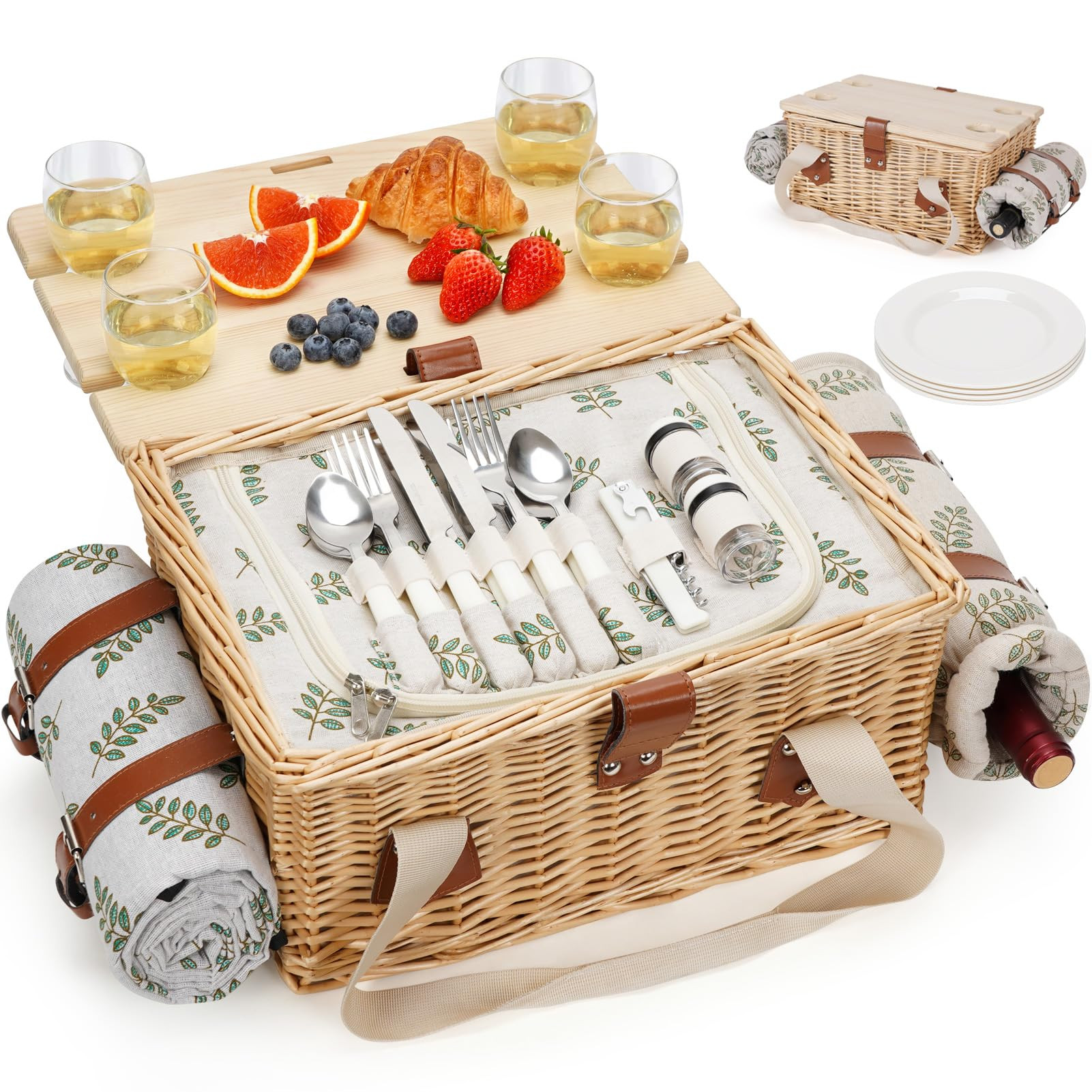 HappyPicnic Picnic Basket for 4, Handmade Wicker Picnic Set with Folding Table and Waterproof Bla... | Amazon (US)