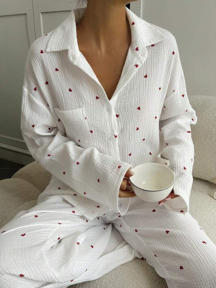 Livesso 2pcs Women Heart Pattern Collar Loungewear Set, Autumn/Winter | SHEIN