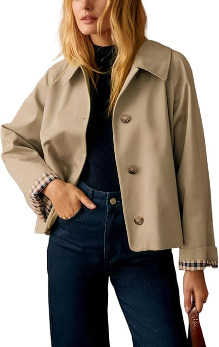 Dqbeng Womens Short Trench Jacket Plaid Lining Button Front Lightweight Classic Casual Outerwear ... | Amazon (US)