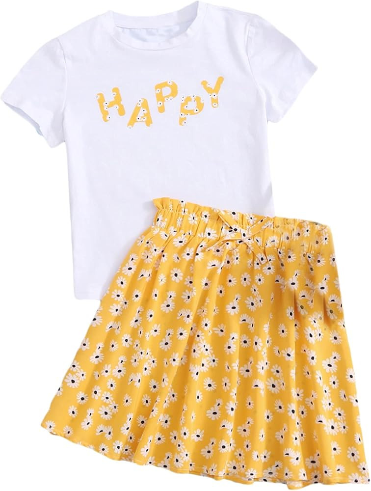 SOLY HUX Girl's 2 Piece Outfits Letter Embroidery Short Sleeve Tee and Floral Print Skirts Set | Amazon (US)