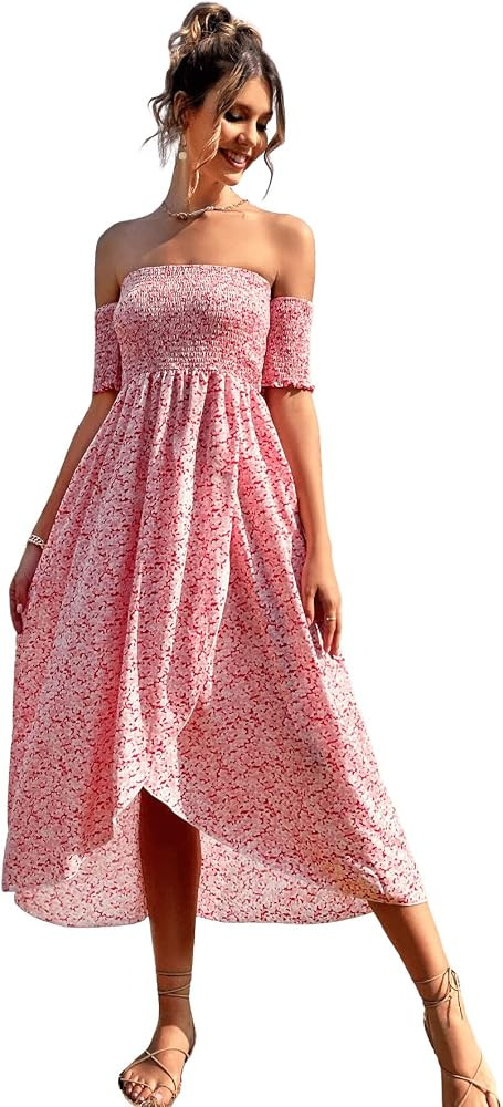 Floerns Women's Boho Floral Print Off Shoulder Split Long A Line Dress | Amazon (US)
