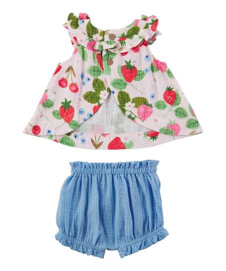 Mud Pie Pink Berry Patch Yoke Top & Blue Ruffle-Accent Bloomers - Infant | Zulily