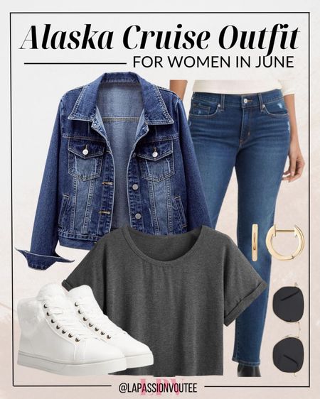Ready to cruise through June in Alaska? Opt for effortless charm with a denim duo: layer a classic denim jacket over straight jeans, elevate with a basic cropped top, hoop earrings, and trendy sunglasses. Complete the look with UGG sneakers for comfort and style as you explore the majestic wilderness.

#LTKstyletip #LTKtravel #LTKSeasonal