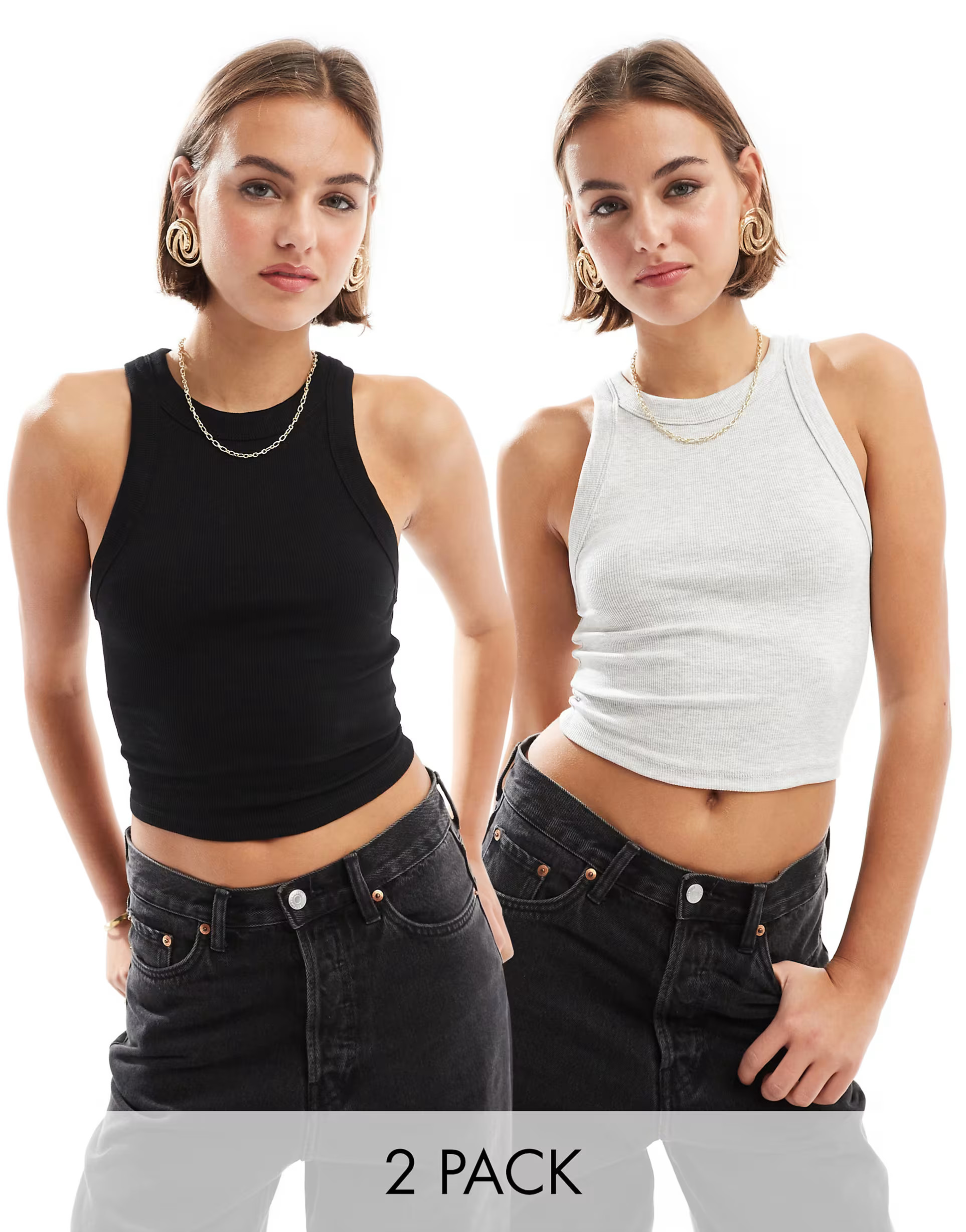 Bershka 2 pack racer neck top in black & grey | ASOS (Global)