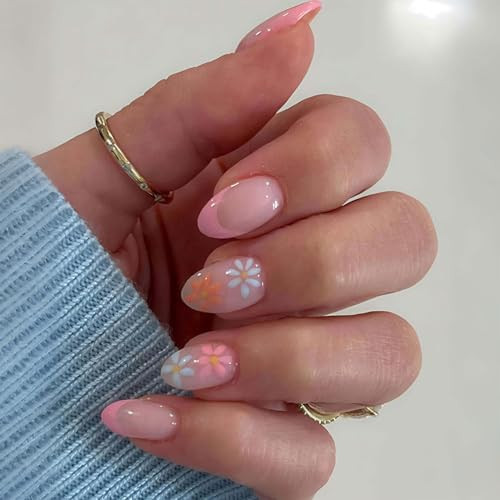 French Tip Flower Press on Nails Short Square Fakes Nails Spring False Nails with Desings Nail Press Ons Full Cover Glue on Nails Glossy Pink Acrylic Nail for Women | Amazon (US)