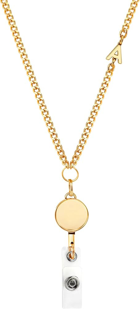 Gold Plated Retractable Badge Reel Lanyard with Initial Letter ID Holder for Women Fashionable Go... | Amazon (US)
