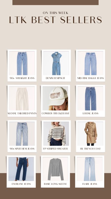 LTK Best Sellers from the past week 🫶🏼 denim jumpsuit, Abercrombie style, Abercrombie jeans, 90s jeans, baggy jeans, loose jeans, mid-rise jeans, fall denim, fall fashion trends, cowboy trucker hat, trucker hat, tailored pants, striped sweater, trench coat, fall fashion basics 