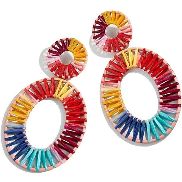 Raffia Drop Hoop Earrings for Women Geometric Woven Rice Beads Earrings S925 Silver Needle Colorf... | Walmart (US)