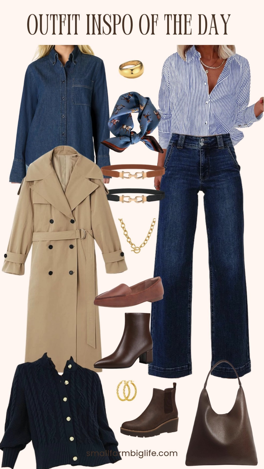 Outfit inspo of the day 🤍✨ Classic layers and everyday staples. Think a long trench coat, navy cardigan with gold buttons, and dark denim on denim. Finished with brown boots or flats, an oversized shoulder bag, and gold jewelry for an effortless, polished look. 

 #LTKootd #LTKOver40 #LTKFindsUnder50