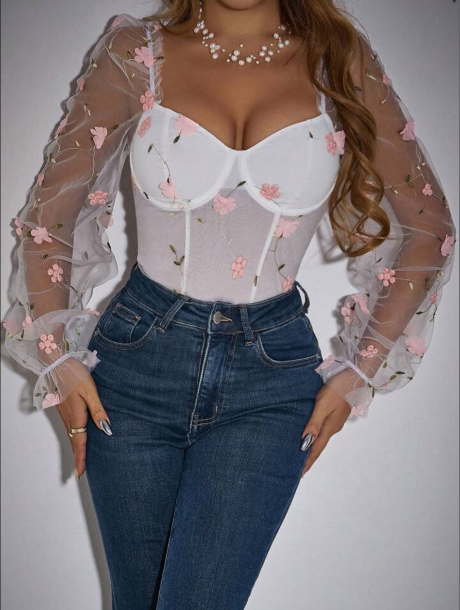 Floral body suit #shein #sheinbodysuit #bodysuit #sheer #corset #valentinesday 