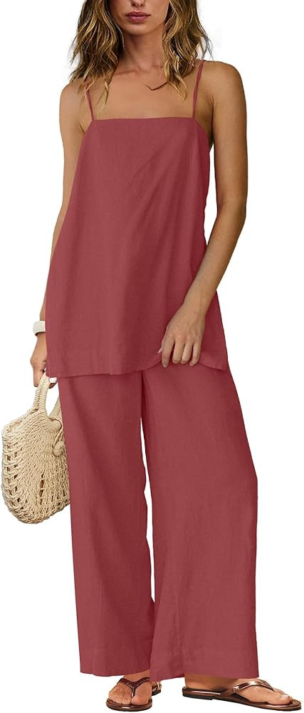 Yanekop Linen Sets for Women 2 Piece Pants Summer Outfits Matching Lounge Sets Spaghetti Strap Ta... | Amazon (US)