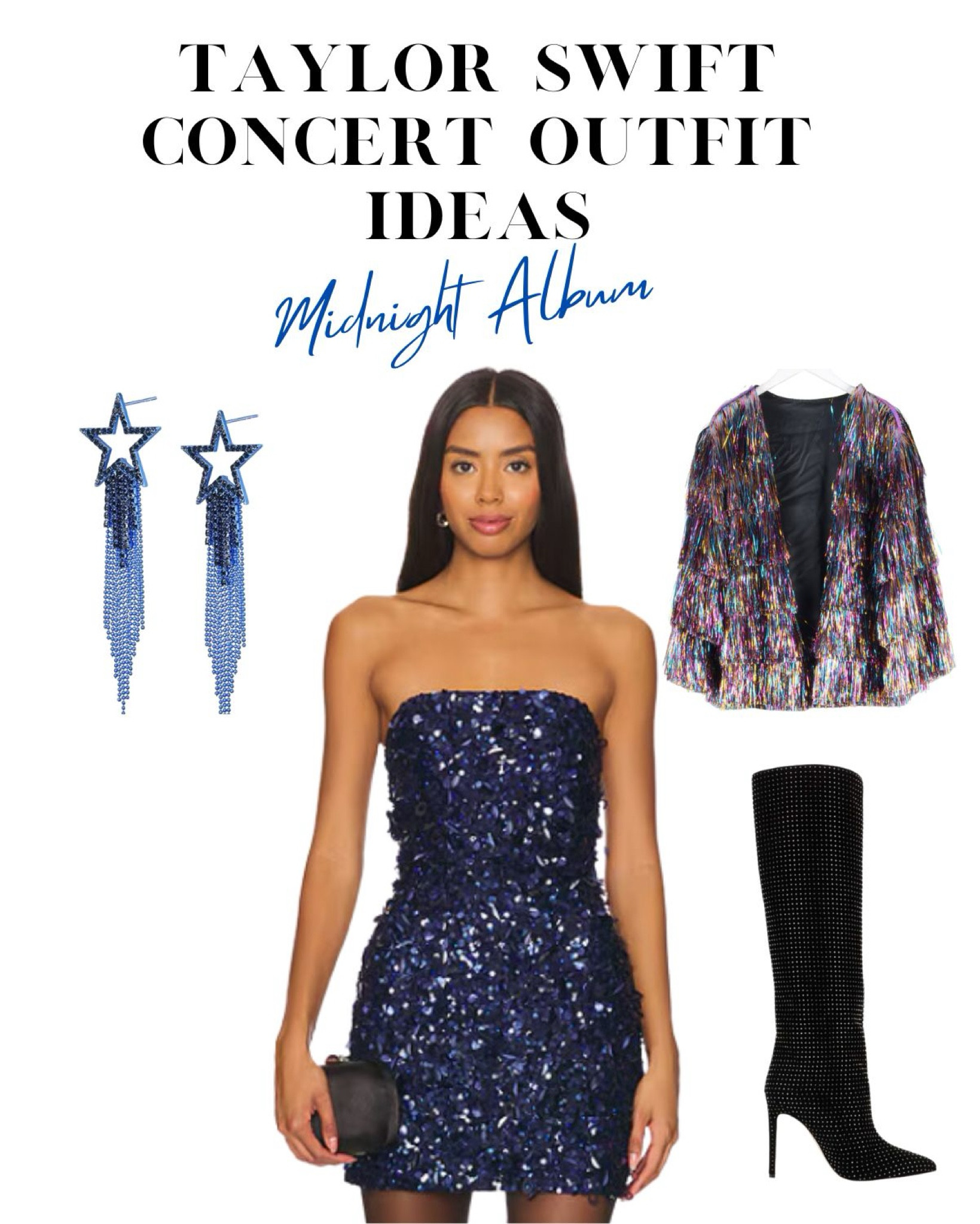 Taylor Swift Eras Tour concert outfit ideas inspired by her Midnights album costumes. Think sparkly sequin navy dresses, star earrings, crystal knee high boots, rainbow fringe jackets, and sparkly blue matching sets. #concertoutfits #ltkparties #ltkconcert

#LTKStyleTip #LTKFindsUnder100 #LTKSeasonal