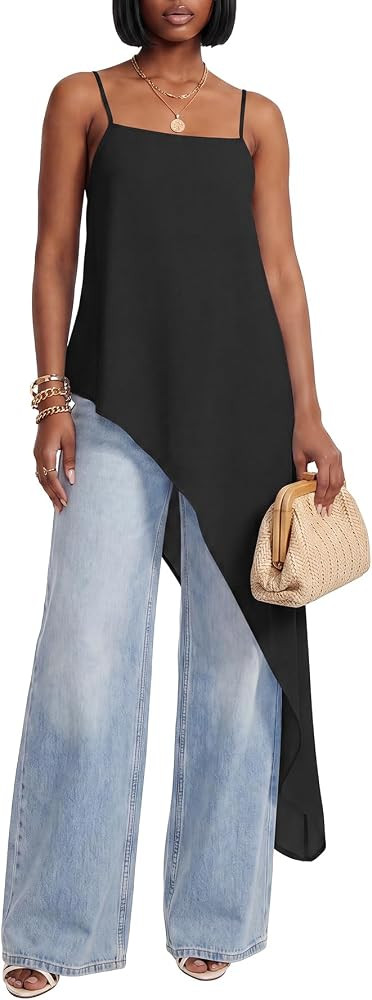 Umenlele Women's High Low Tunic Top Sleeveless Square Neck Asymmetrical Hem Cami Blouse Loose Fit... | Amazon (US)
