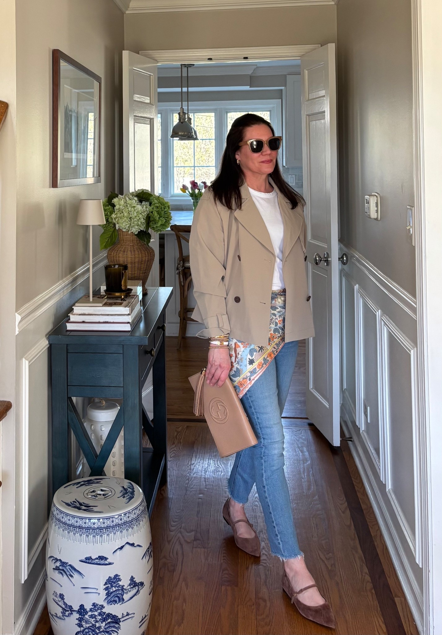 Taking a cropped trench, classic white tee, light wash jeans and adding a pretty floral scarf tied at the waist for a fun spring look! 