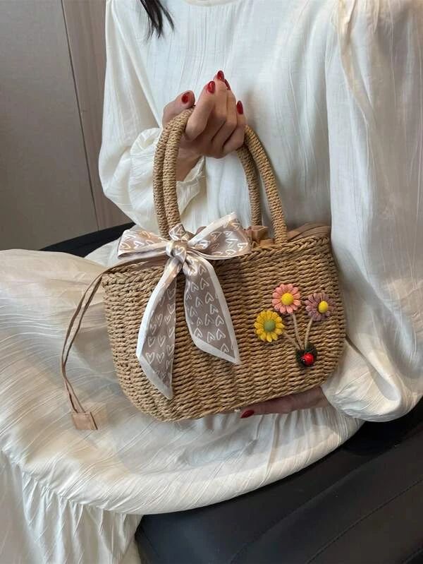 Flower Decor Straw Bag With Twilly Scarf Vacation | SHEIN
