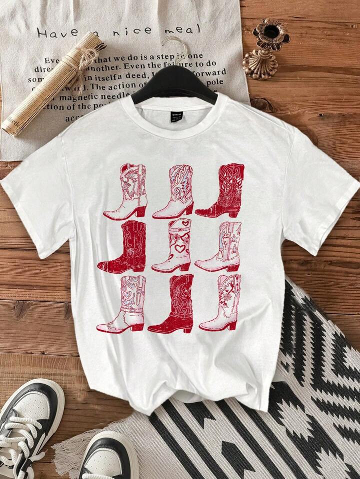 Attitoon Retro Boot Printed Western Style Casual Fit Round Neck Short Sleeve Women's T-Shirt, Suitable For Summer | SHEIN