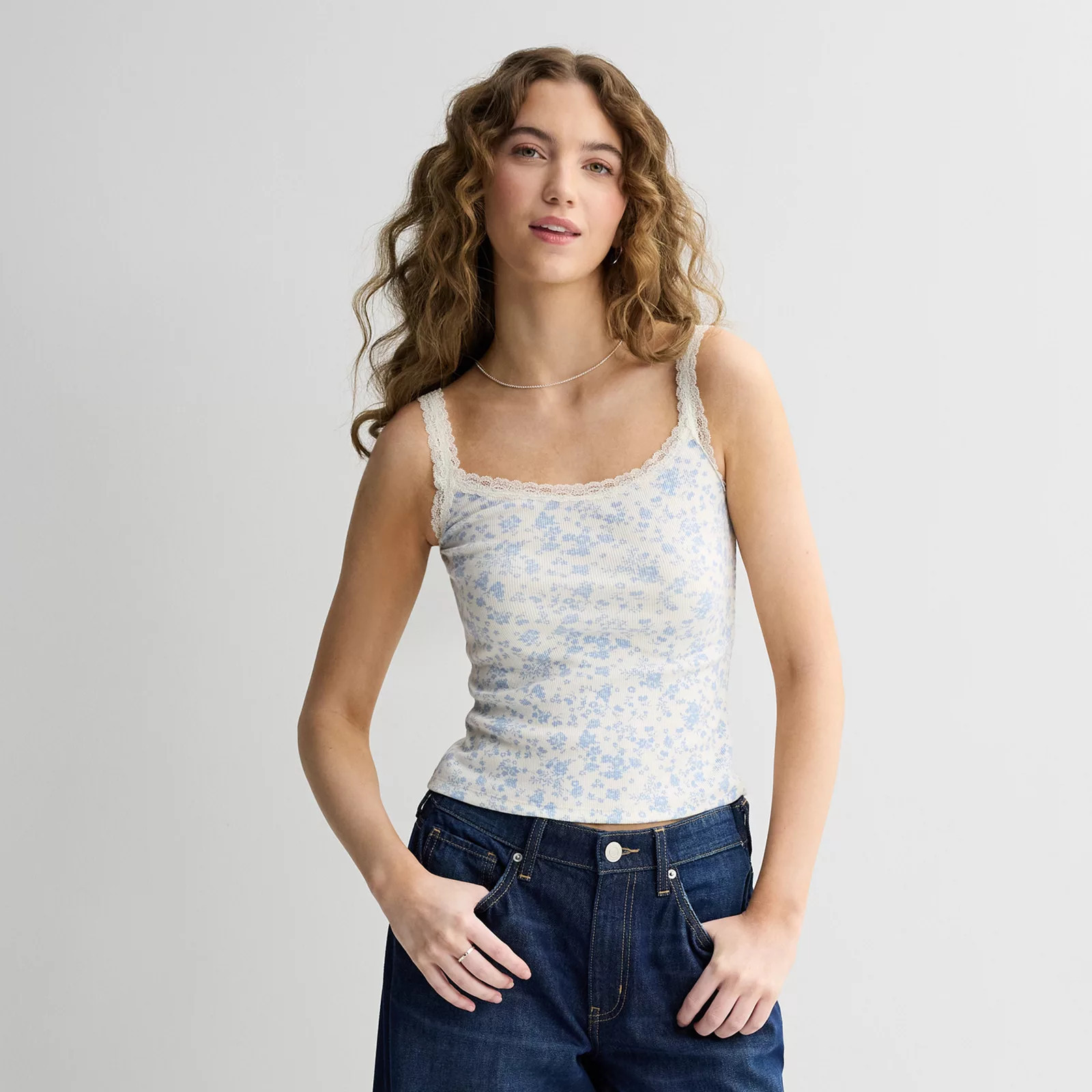 Juniors' SO® Lace Trim Cami, Girl's, Size: Small, Blue Ivory Floral | Kohl's