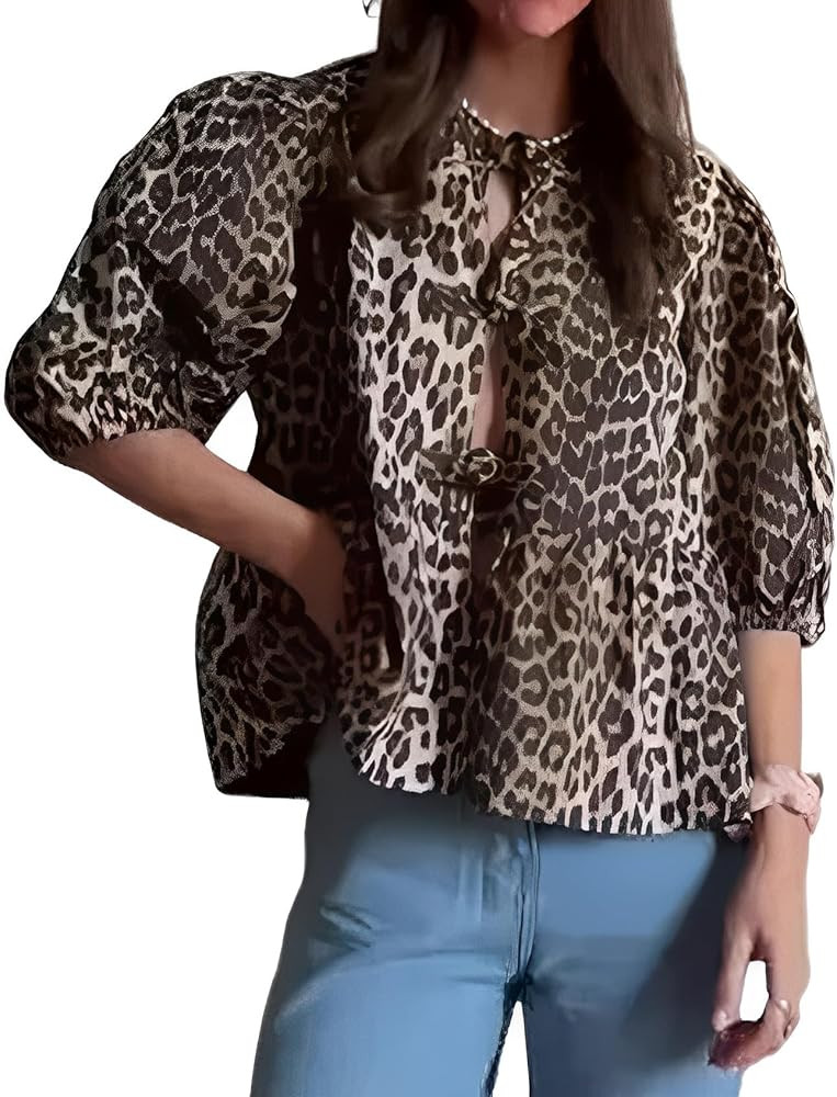 Yimoon Women's Y2K Puff Short Sleeve Peplum Shirt Tie Front Ruffle Hem Babydoll Blouse Cute Teen ... | Amazon (US)