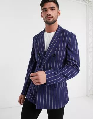 ASOS DESIGN slim soft tailored double breasted blazer in navy stripe | ASOS (Global)