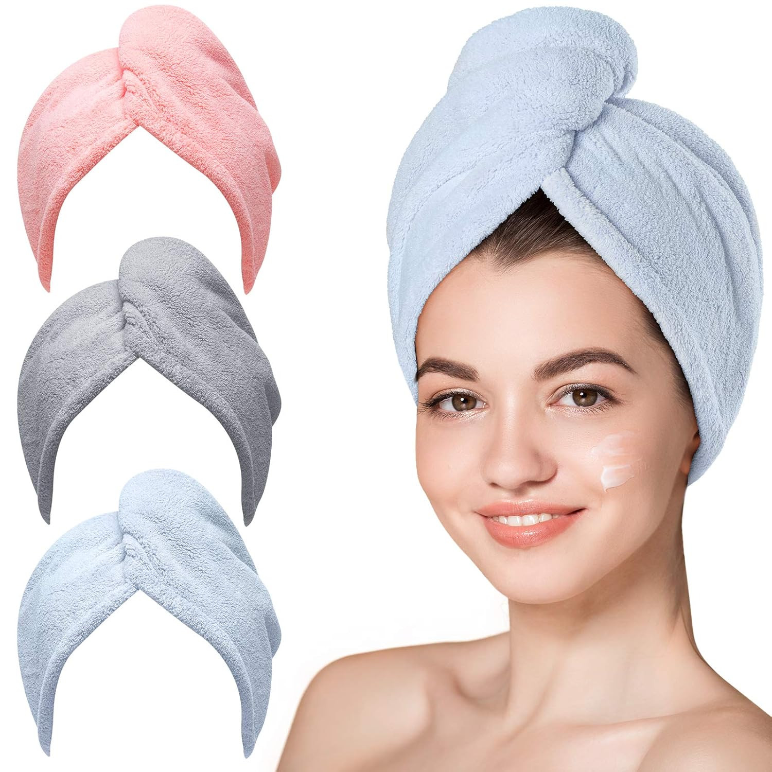 Hicober Microfiber Hair Towel Wrap for Women, Blue Grey Pink, 3-Pack | Amazon (US)