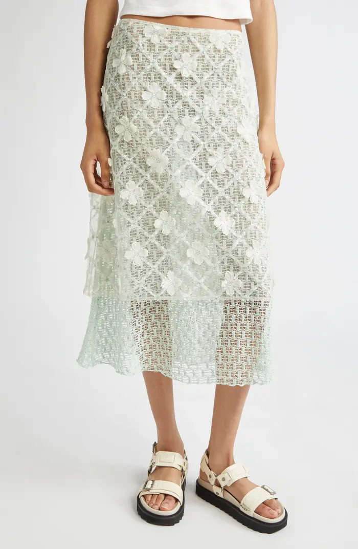 Lunies Floral Appliqué Sheer Lace Midi Skirt | Nordstrom