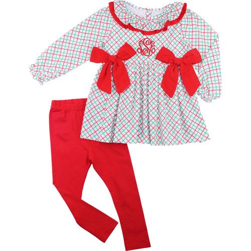 Red And Green Bow Legging Set | Cecil and Lou