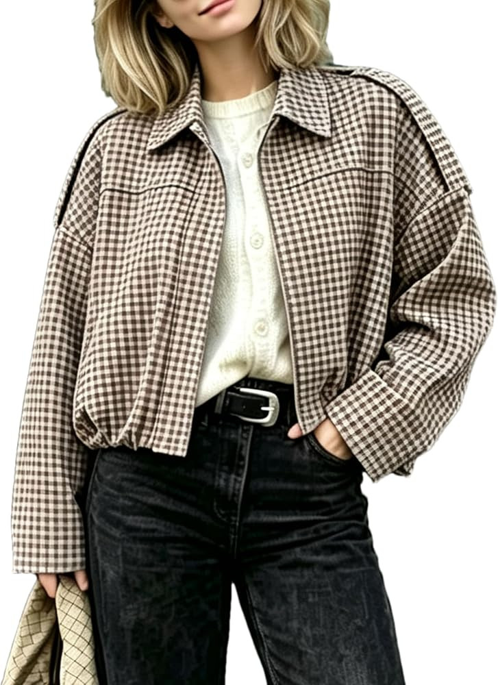 Women's Lapel Collar Elastic Hem Gingham Oversized Shacket Jacket | Amazon (US)