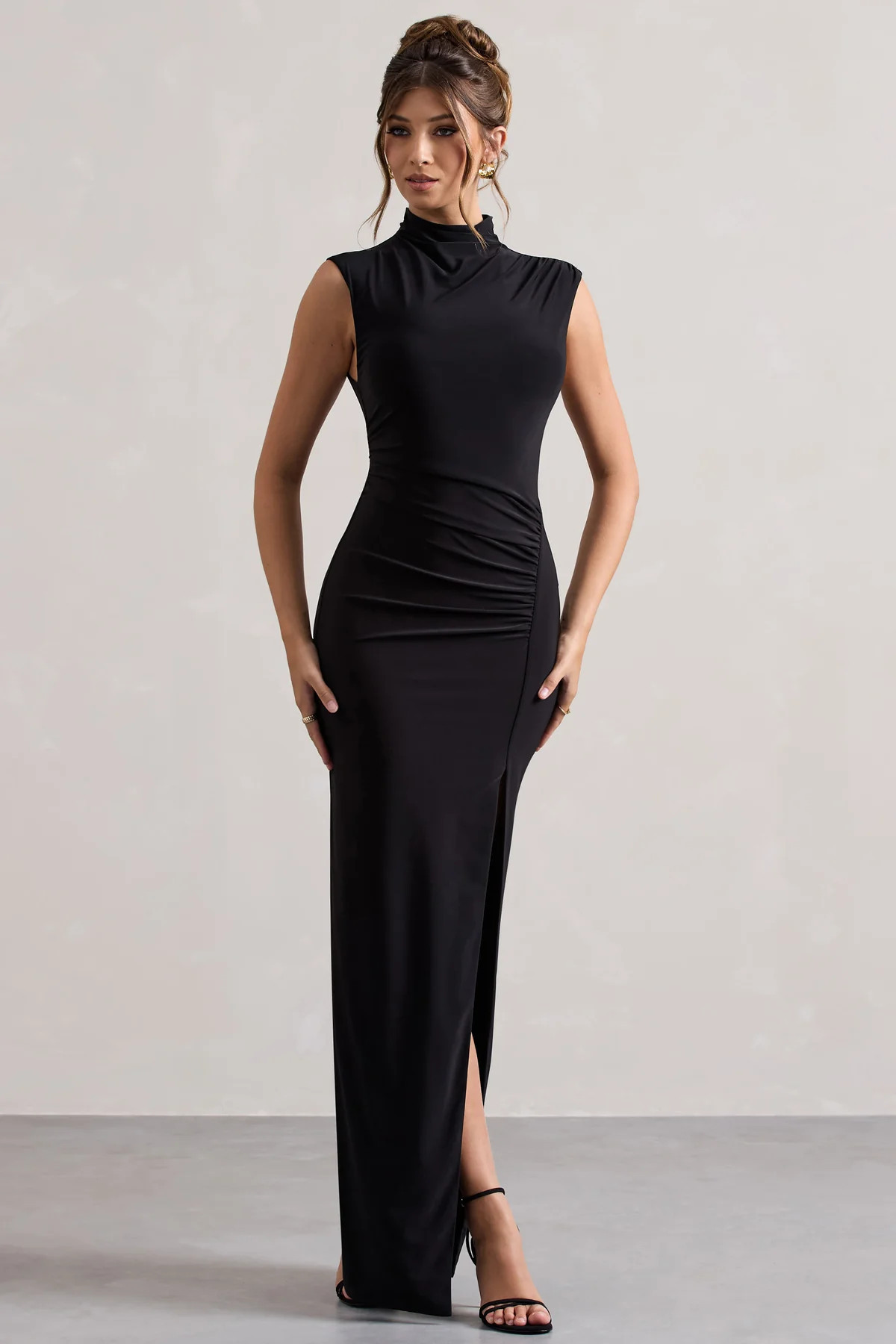 Lanetta | Black Ruched High-Neck Maxi Dress With Split | Club L London
