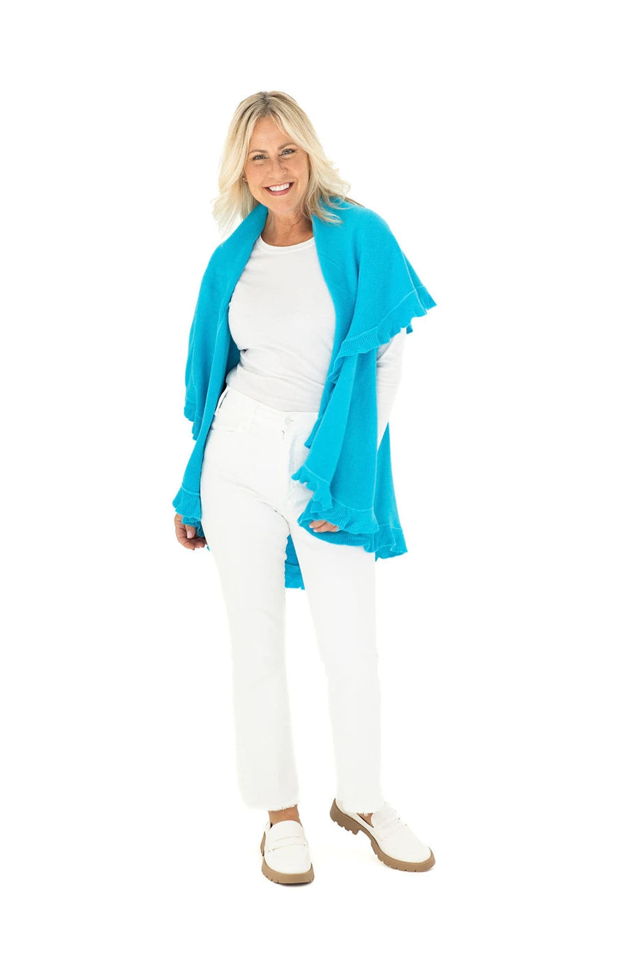 Multi Style Shawl Wrap in Turquoise with Ruffle Trim | Heidi Kagan Designs