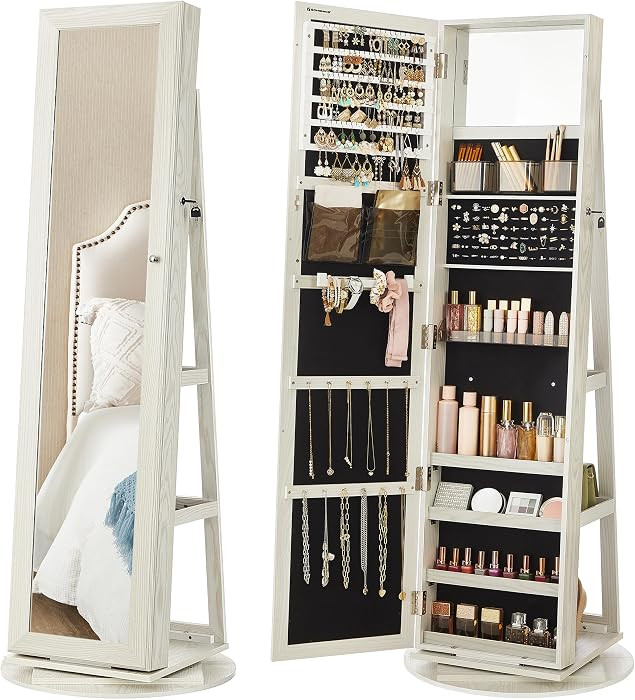 SONGMICS 360° Swivel Jewelry Cabinet, Lockable Jewelry Organizer with Full-Length Mirror, Rear S... | Amazon (US)