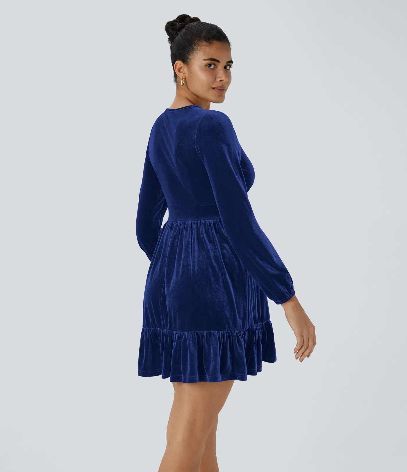Women’s Everyday Deep V Neck Long Sleeve Ruffled Hem Velvet Mini Chill Dress - Halara | HALARA