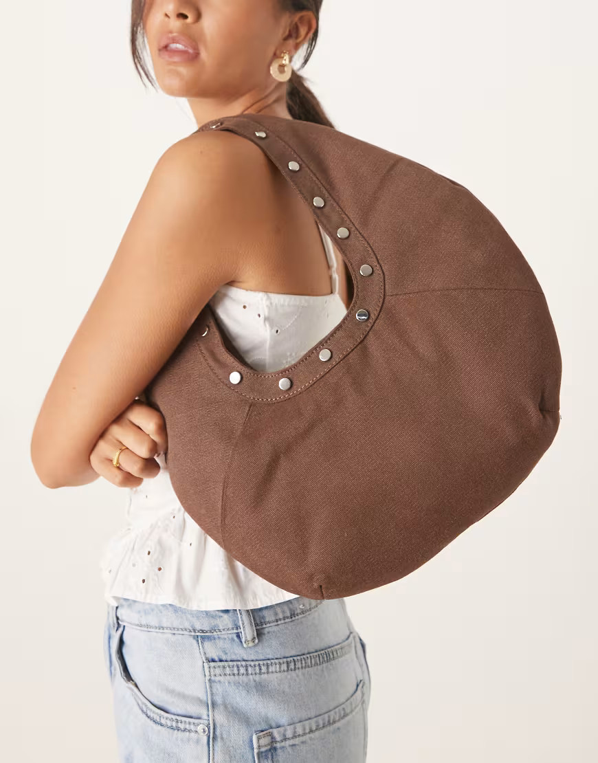 Mango cotton slouchy hand bag with studded trim in mocha-Brown | ASOS (Global)