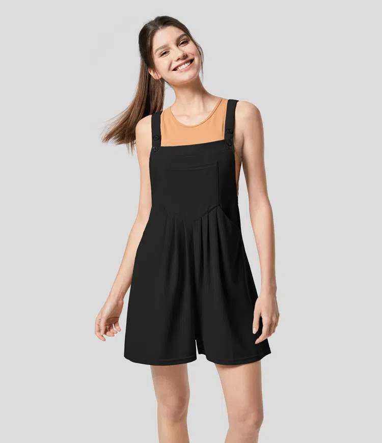 Adjustable Strap Button Multiple Pockets Plicated Waffle Casual Overalls | HALARA