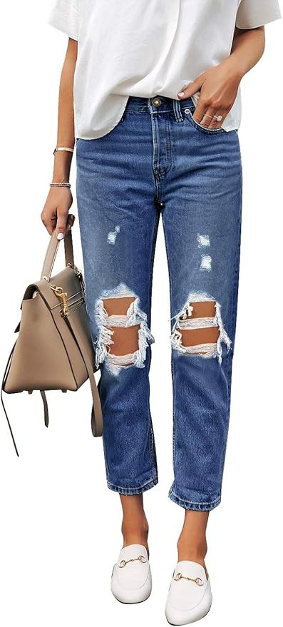 luvamia Women's Casual Ripped Jeans Elastic Waist Slim Boyfriend Jeans Denim Pants | Amazon (US)