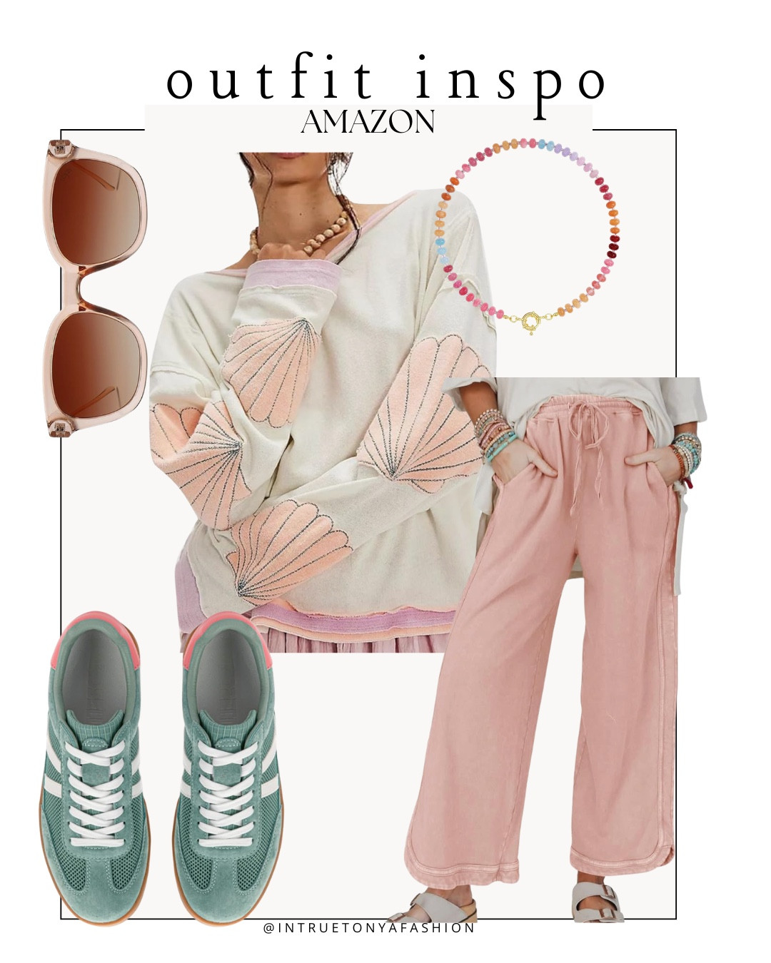 Spring outfit idea from amazon — pink seashell sweater, light pink pants, green sneakers, beaded necklace and sunglasses







Amazon outfits every outfit inspo, outfit ideas, casual outfits amazon, amazon outfits every day, spring outfits 2026, summer outfits, colorful spring outfits, 

#LTKootd #LTKSaleAlert #LTKPetite