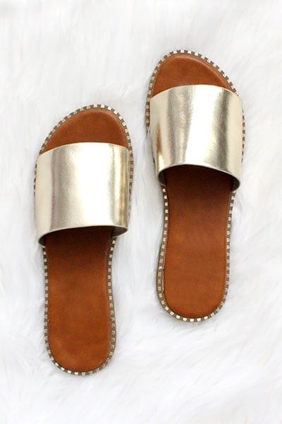 Single Band Gold Trim Sandals Slides-Metallic Gold | Fashion Junkee