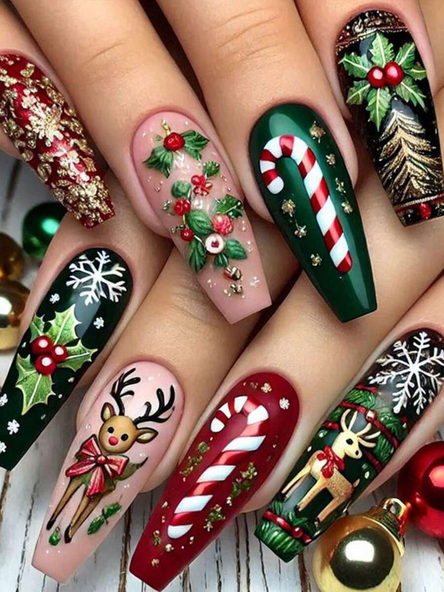 NAIO Christmas Nail Art 24 Pieces Coffin Row Christmas Tree, Snowflake, Elk Design French Tip Pre... | SHEIN