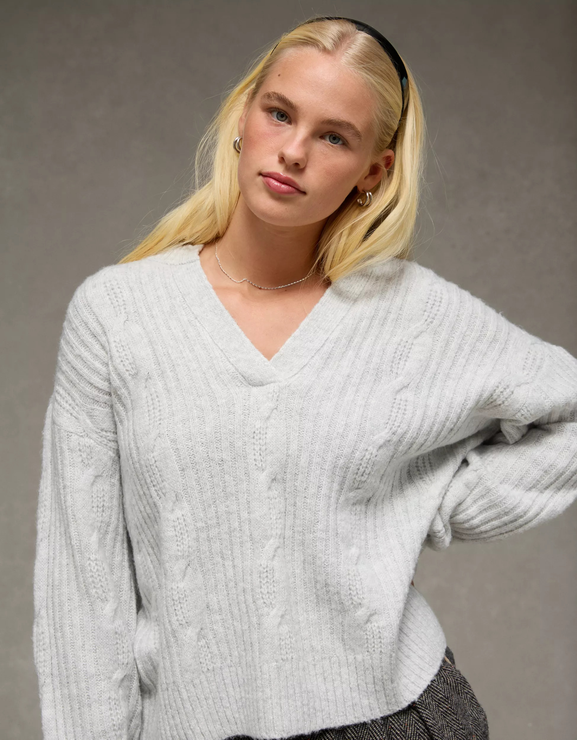 AE Whoa So Soft Notch Neck Cable Sweater | American Eagle Outfitters (US & CA)
