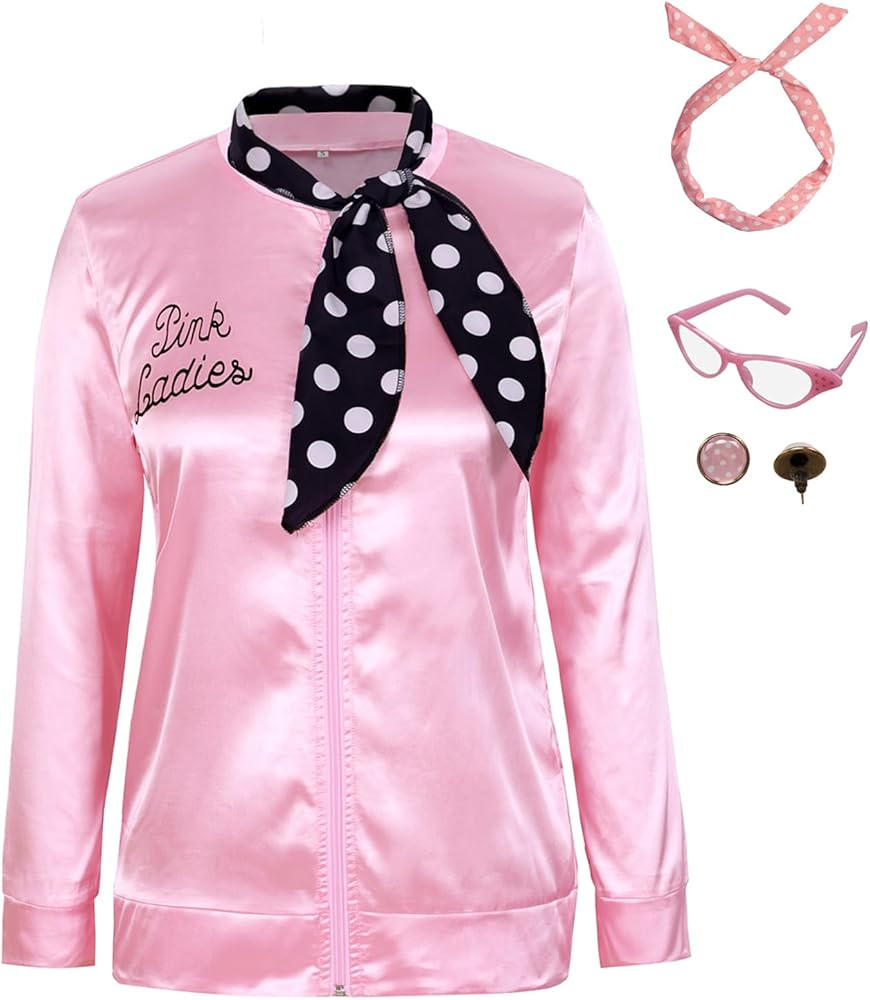1950s Women Lady Girls Pink Satin Jacket Halloween Cosplay Costume Coat with Neck Scarf | Amazon (US)