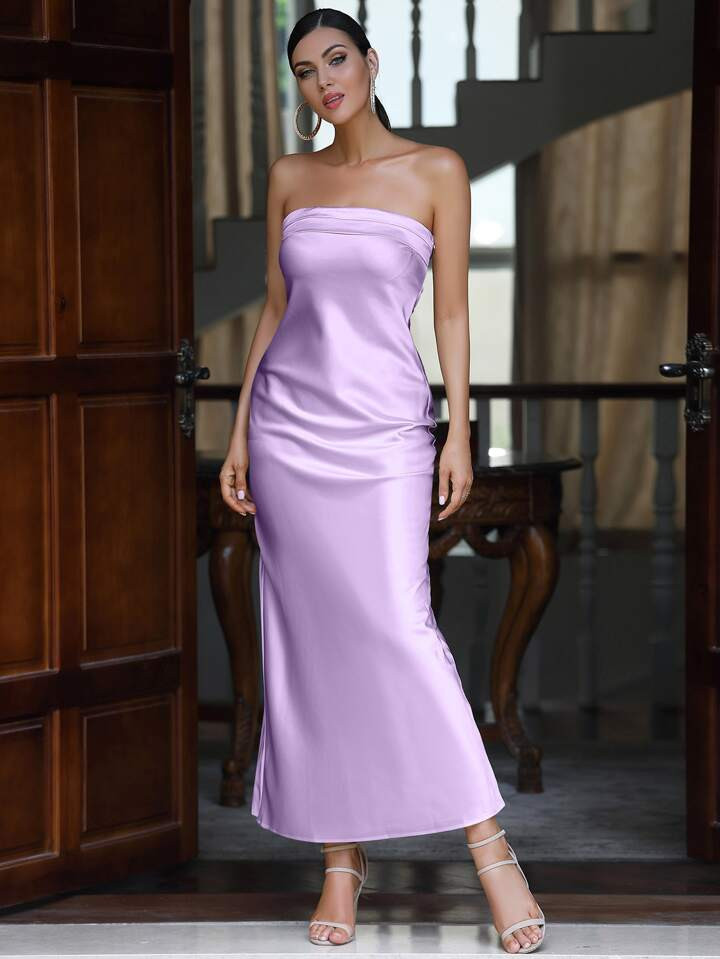 LOVE&LEMONADE Solid Satin Tube Formal Dress | SHEIN