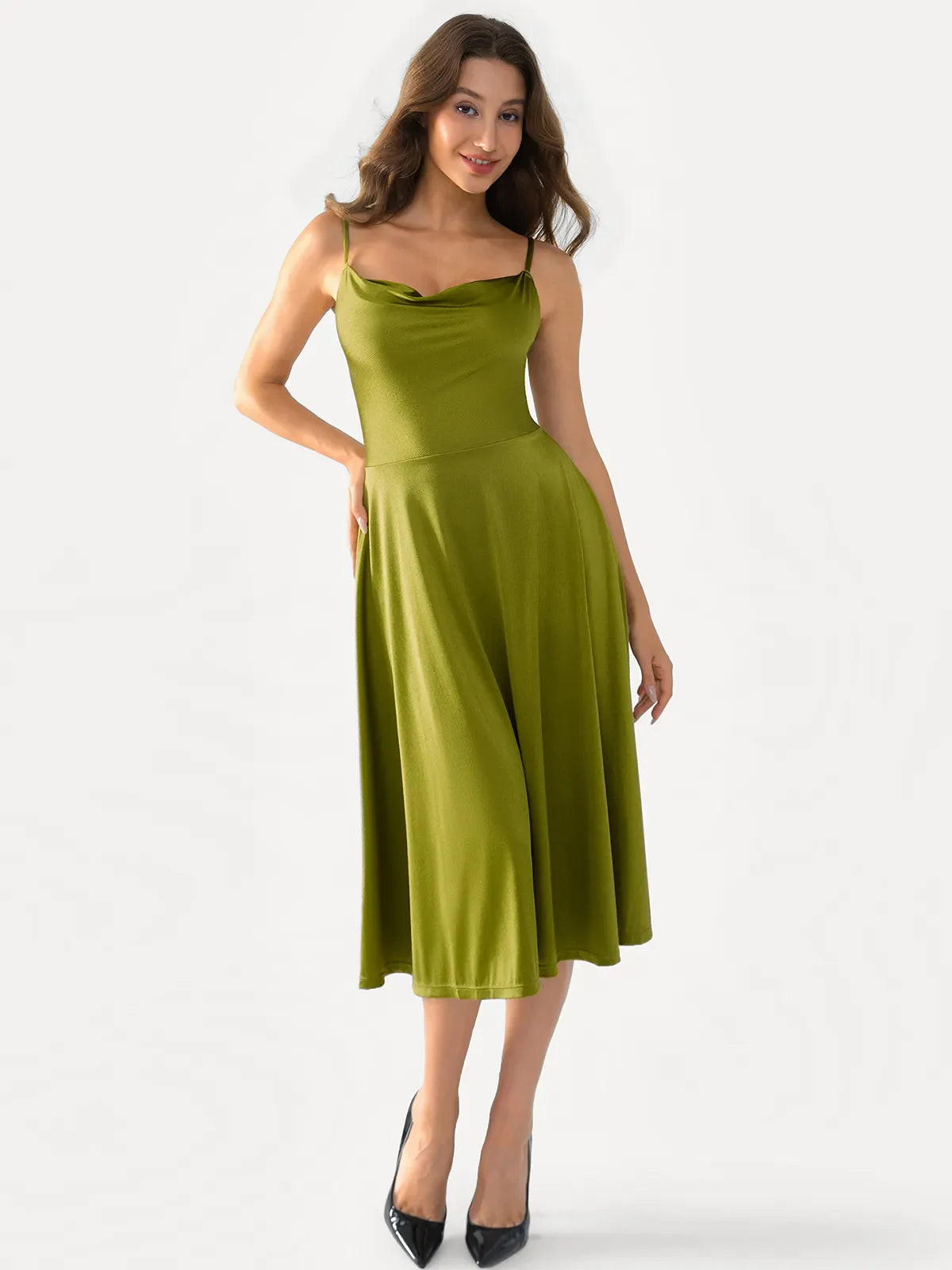 Shapewear Strappy Cowl Neck Fit & Flare Midi Dress | Popilush