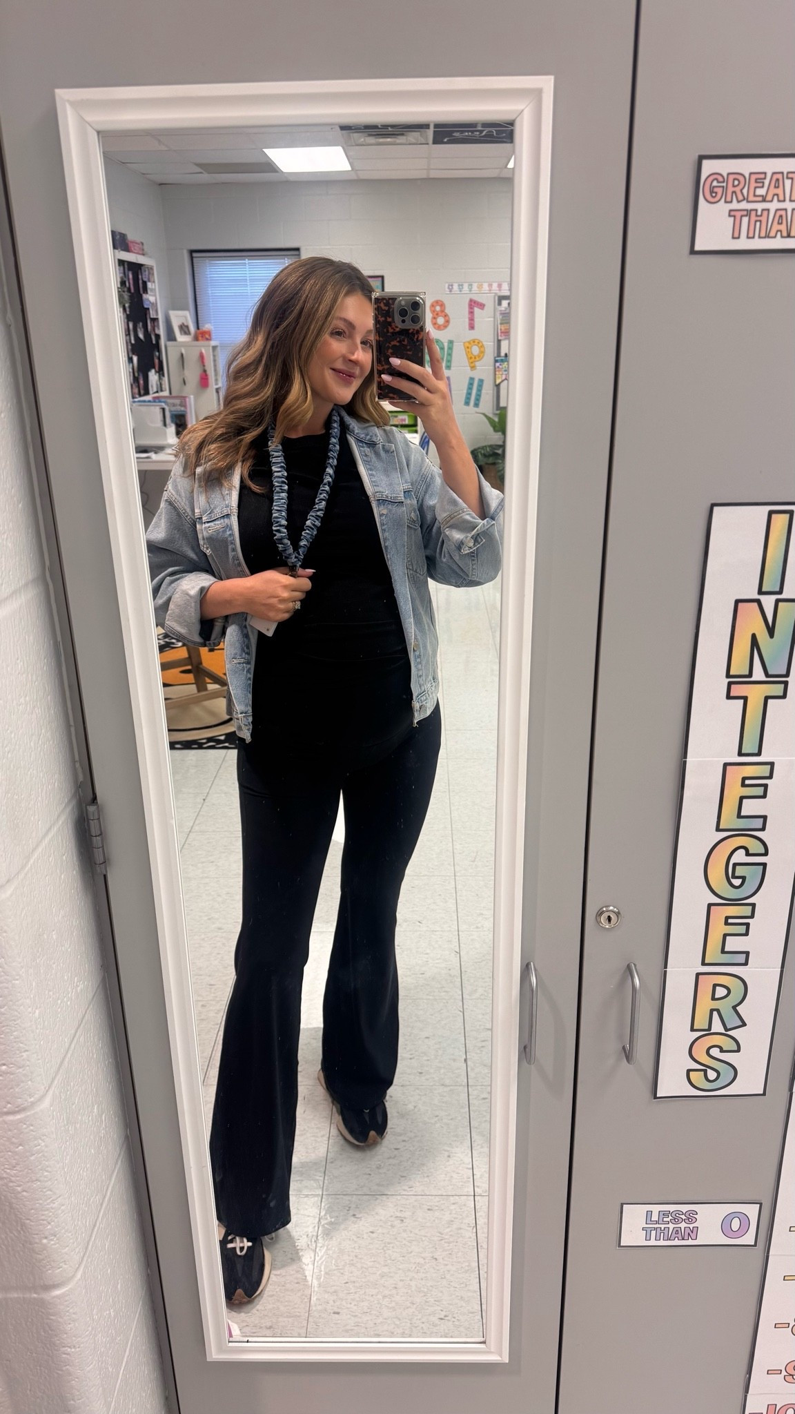 Maternity tee: M
Maternity leggings: M
Denim jacket: S
