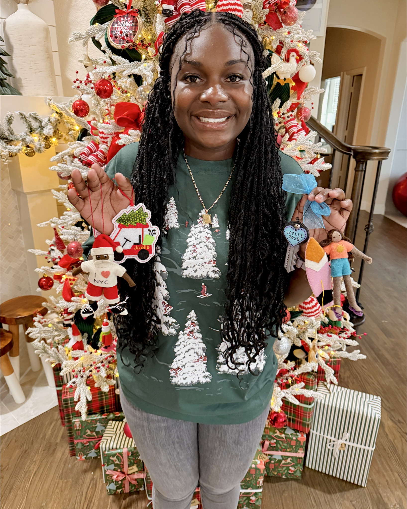 The ornament tradition continues! Every year I order a handful of ornaments that symbolize the year. I choose a hobby, sport, vacation, etc that matches the kids for that specific year! These will go with the kids when they are older.

This year we have:
Joelle: NYC Santa, golf cart, key (she turned 16), surfer girl (Hawaii)
Israel: surfboard (Hawaii), football, slice of pizza (NYC), 6/7 (we've heard this more times that I can count this year 🤦‍♀️)