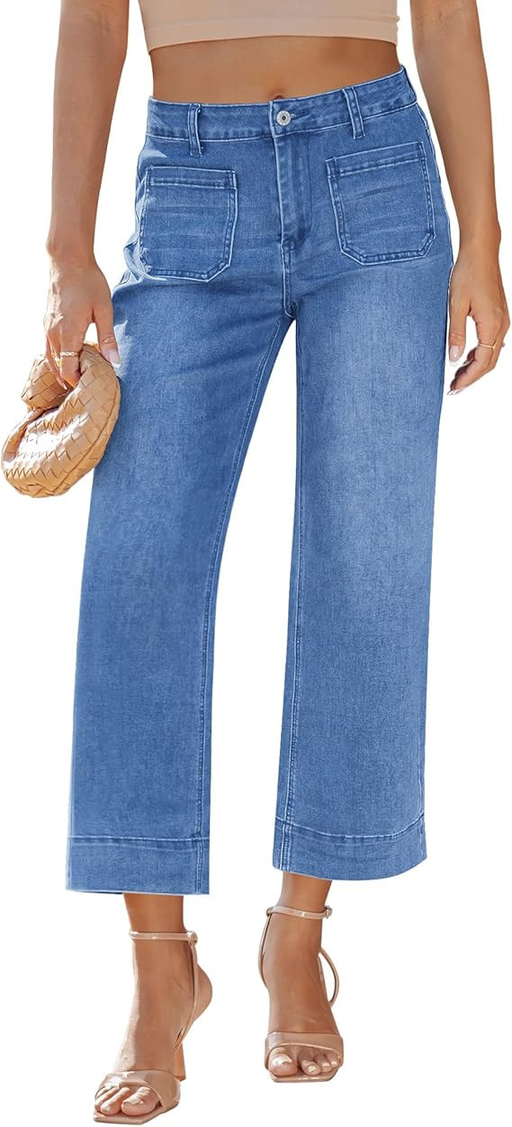 LookbookStore Wide Leg Cropped Jeans for Women High Waisted Stretchy Denim Jean Pants Baggy Flare... | Amazon (US)