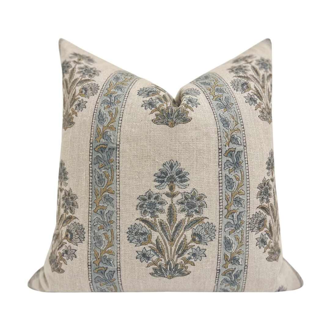 NORAH || Designer Floral Linen Pillow Cover, Slate Blue Floral Pillow Cover, Block Print Linen Pi... | Etsy (US)