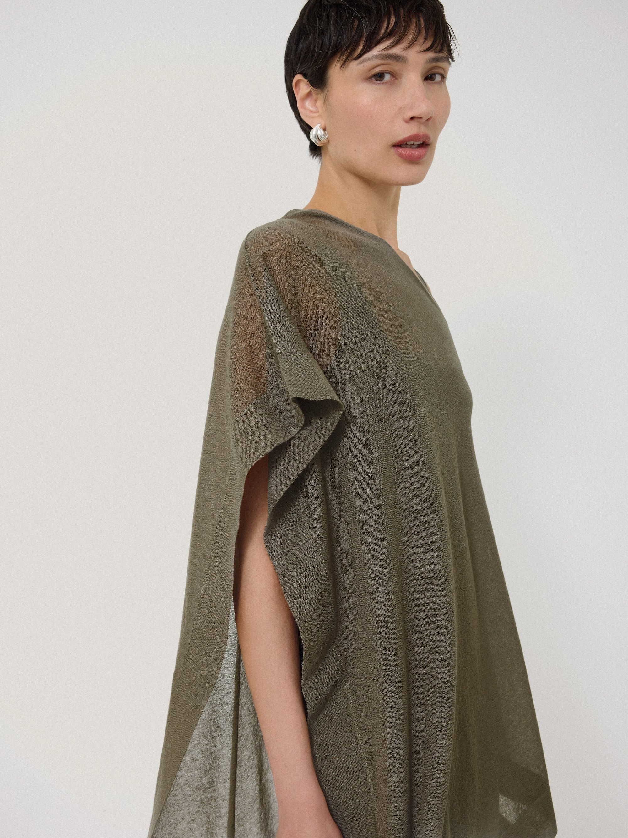 Sheer Linen Blend Poncho | Khaki | Jigsaw (UK)