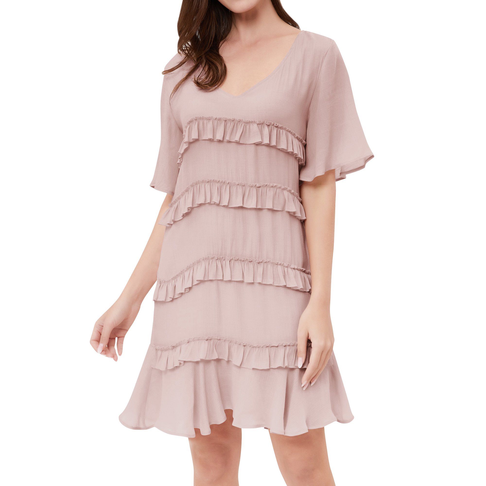 STARVNC Women V Neck Half Sleeve Solid Color Selvedge Ruffle Mini Dress | Walmart (US)