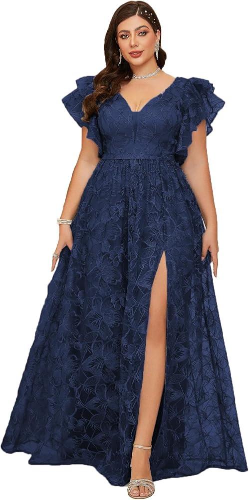 Women's Plus Size V Neck Ruffled Sleeve Embroidered Lace Maxi Dress with High Slit Formal Evening... | Amazon (US)
