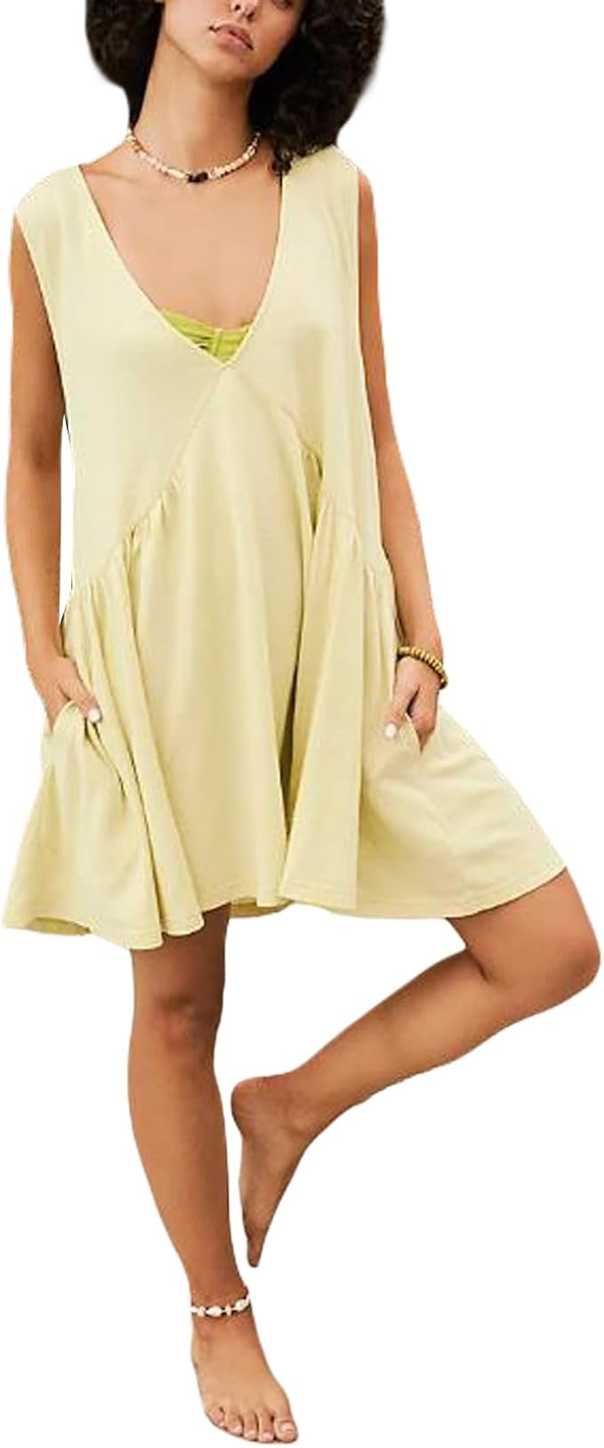 Aopwsrlyi Women's 2024 Summer Sleeveless Mini Dress Casual Loose V Neck Flowy Swing Sundress Shor... | Amazon (US)